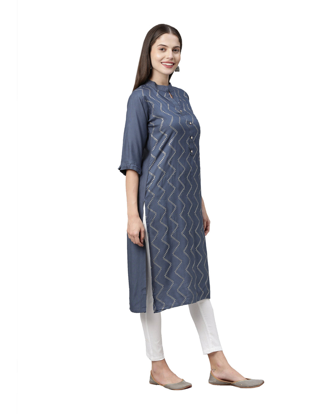 Neerus Blue rayon embellished kurti - side view