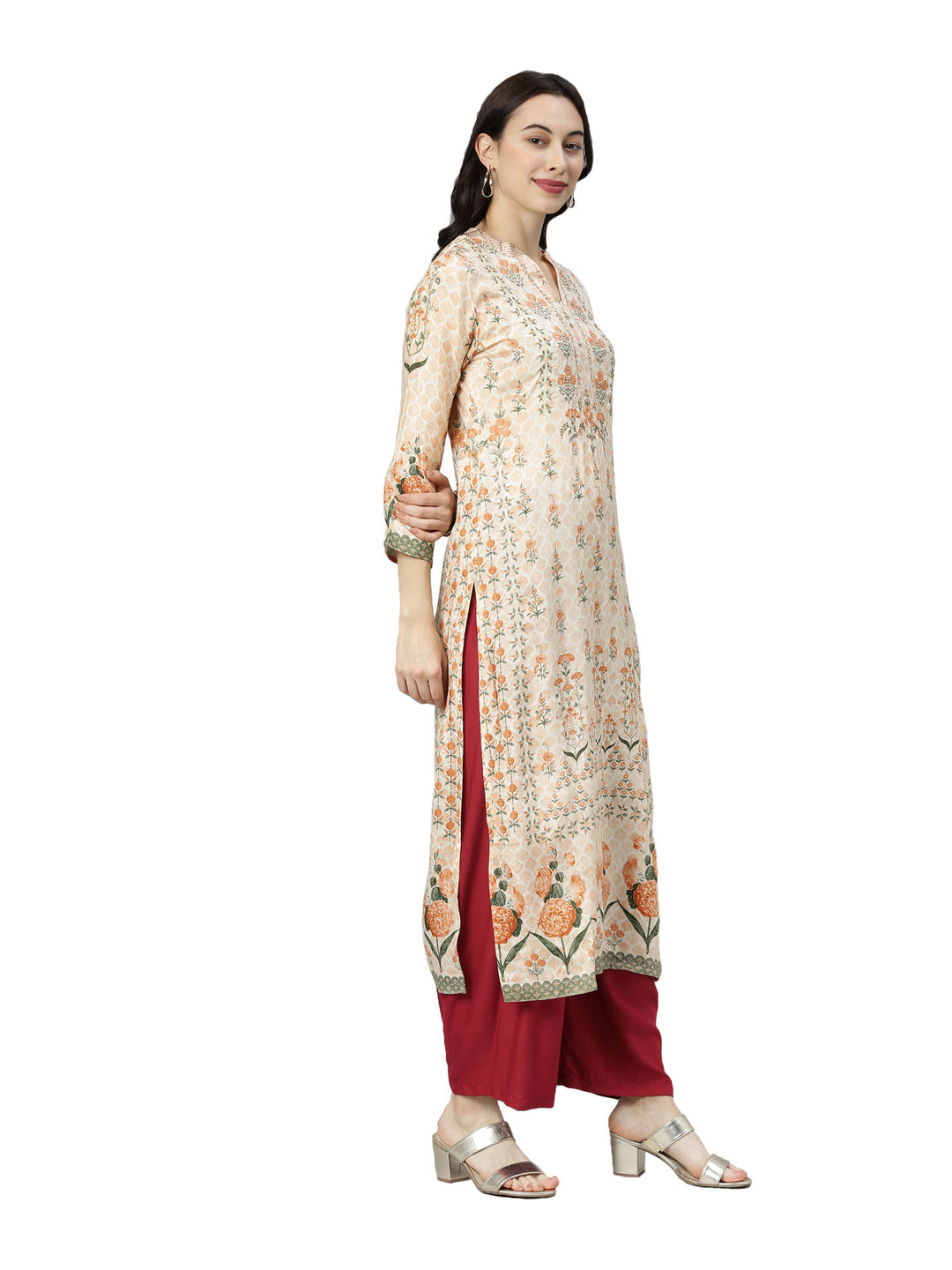 Neerus Beige shantoon printed floral kurti - detail view 1