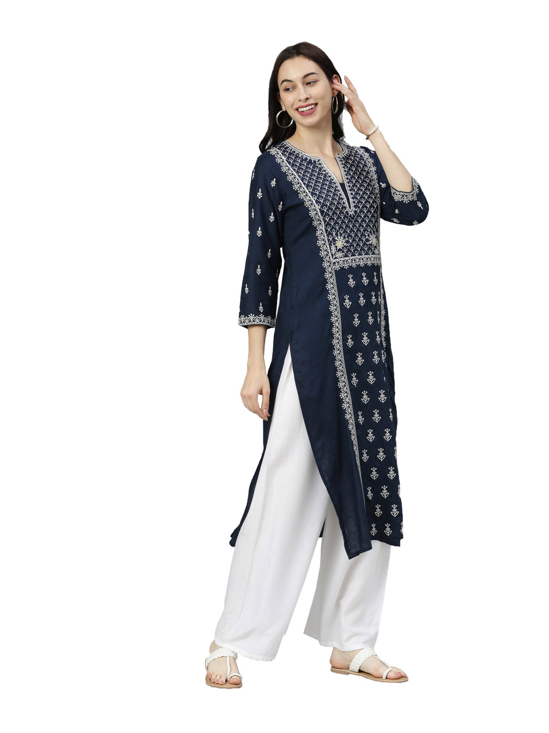 Neerus Blue thread embroidered floral kurta - side view
