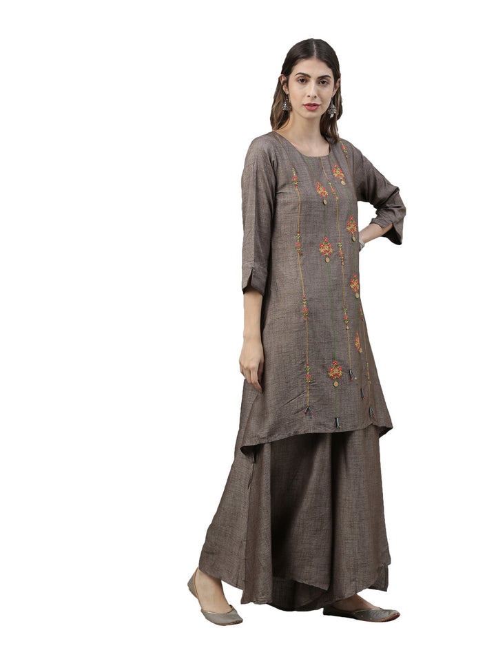 Neerus Grey embroidered suit set kurta palazzo dupatta - back view