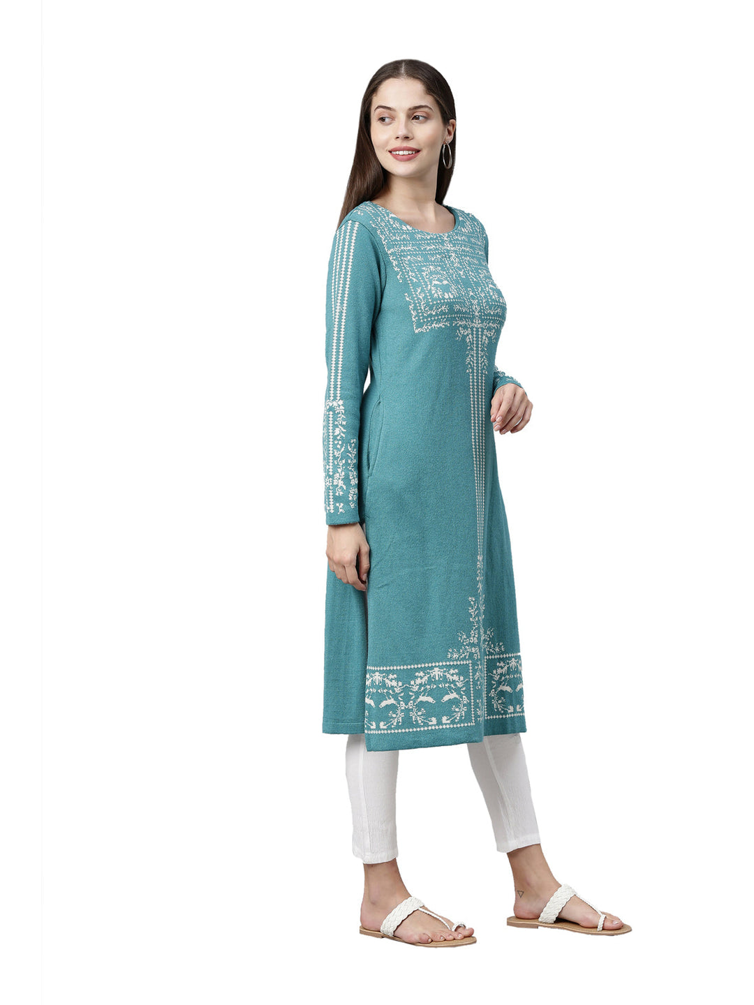 Neerus Blue cotton woven ethnic kurti - back view