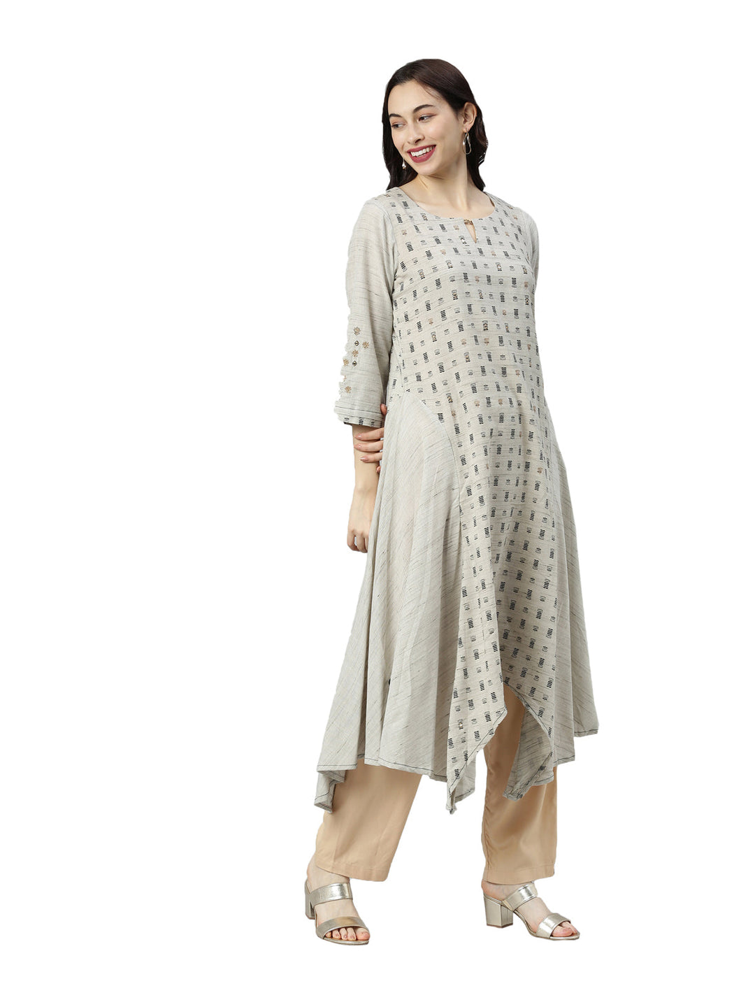 Neerus Grey printed ethnic kurta keyhole neck - side view