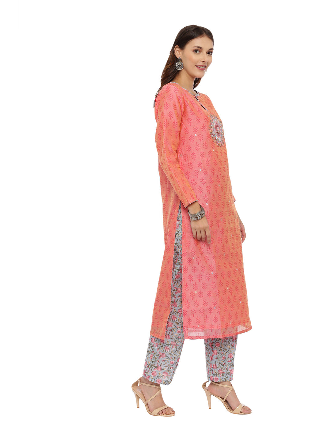Neerus Peach chanderi woven suit set - side view