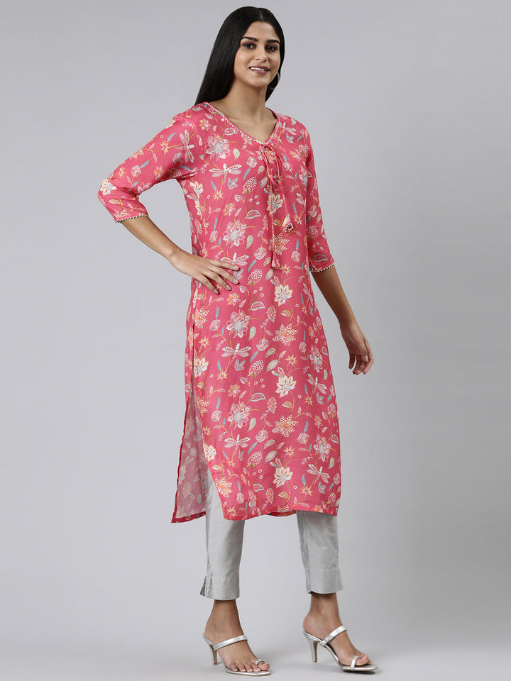 Neerus Maroon cotton printed kurti straight silhouette - back view