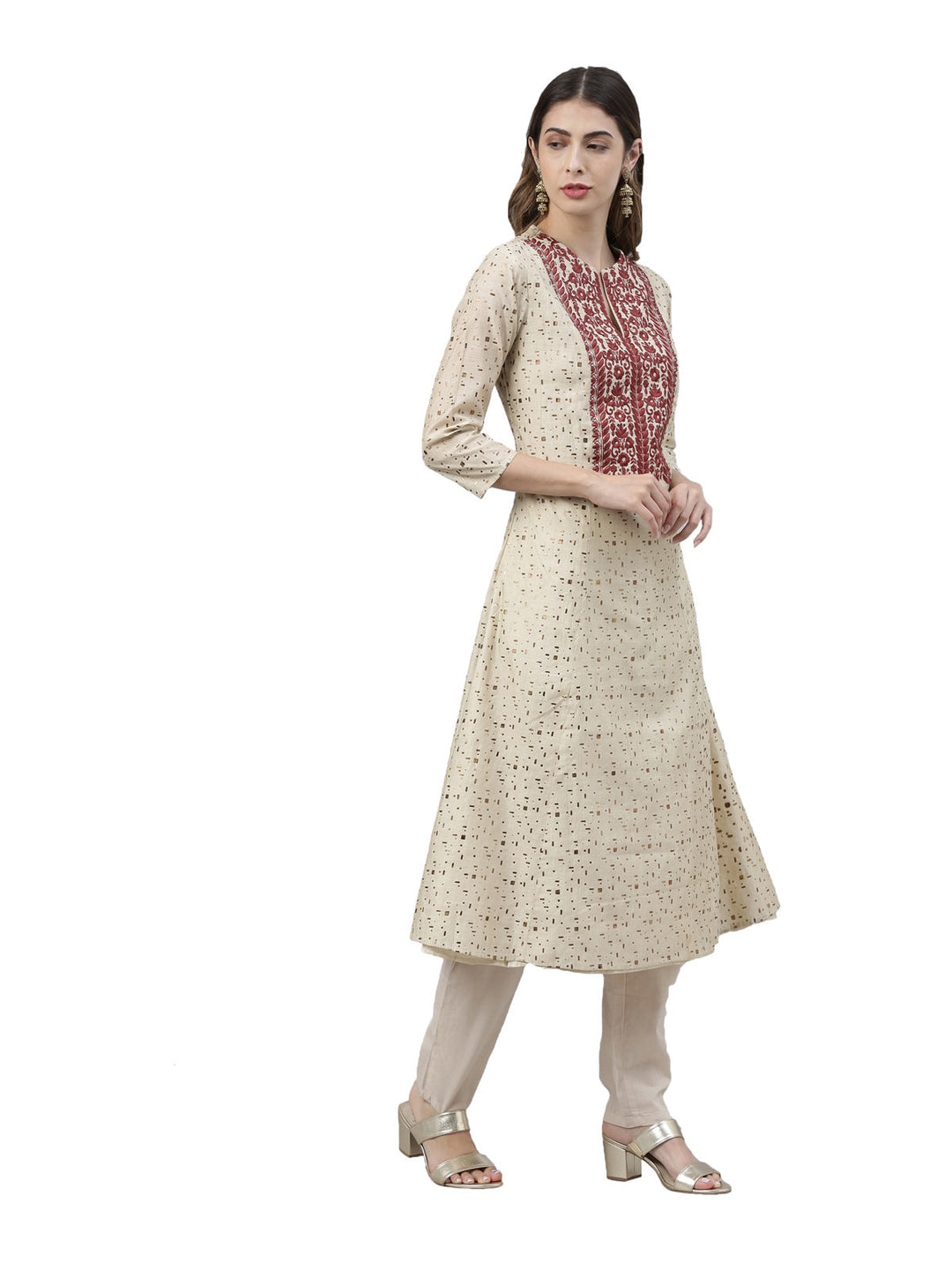 Neerus Beige printed suit set with trousers and dupatta - side view