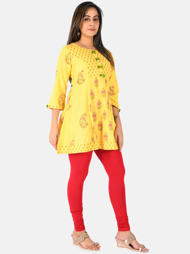 Neerus Yellow cotton printed A-line kurti - detail view 2