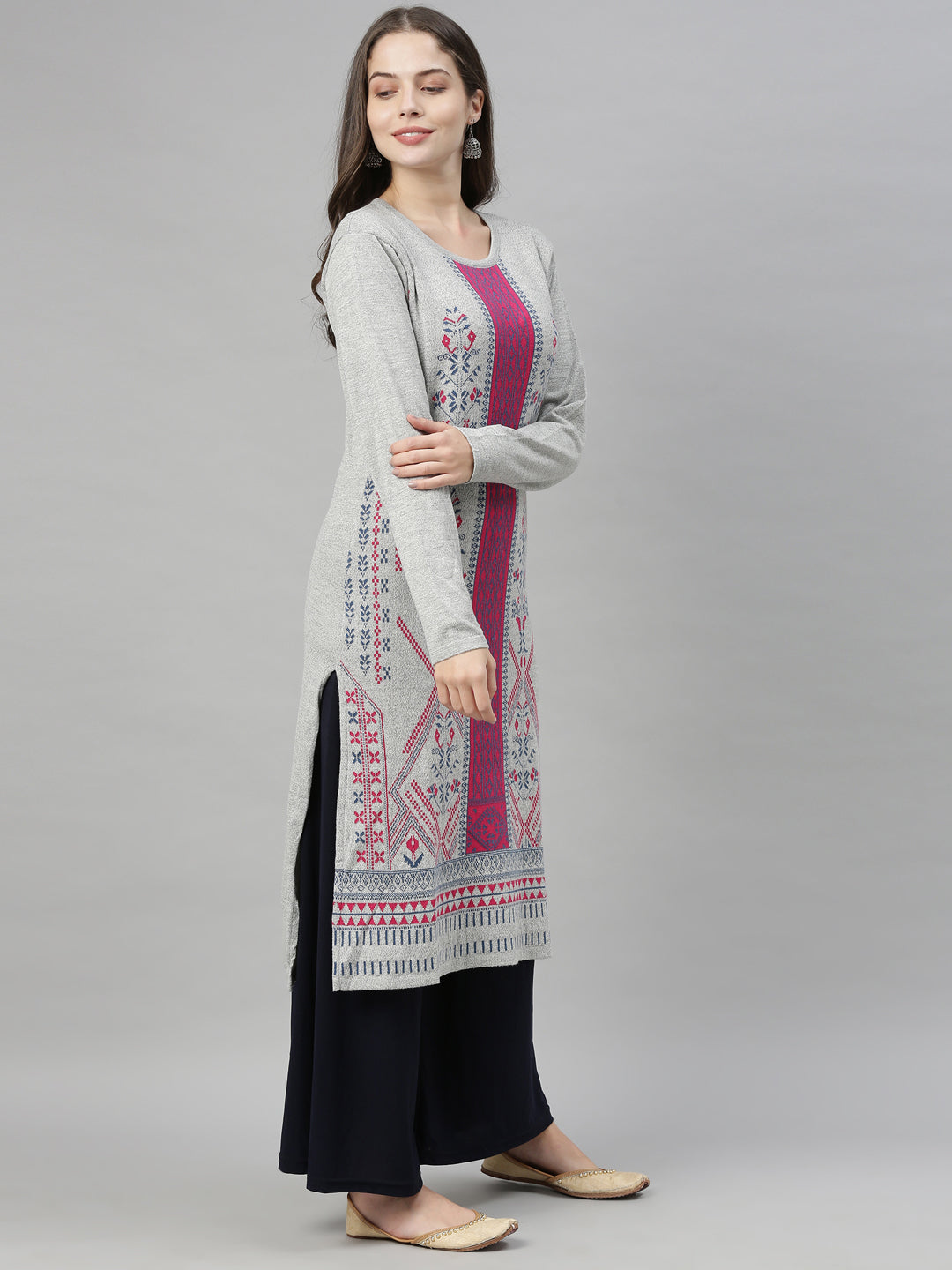 Neerus Grey acrylic printed kurta geometric pattern - back view