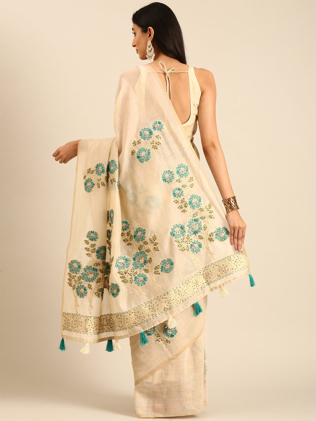 Neerus Beige Chanderi embellished saree - side view