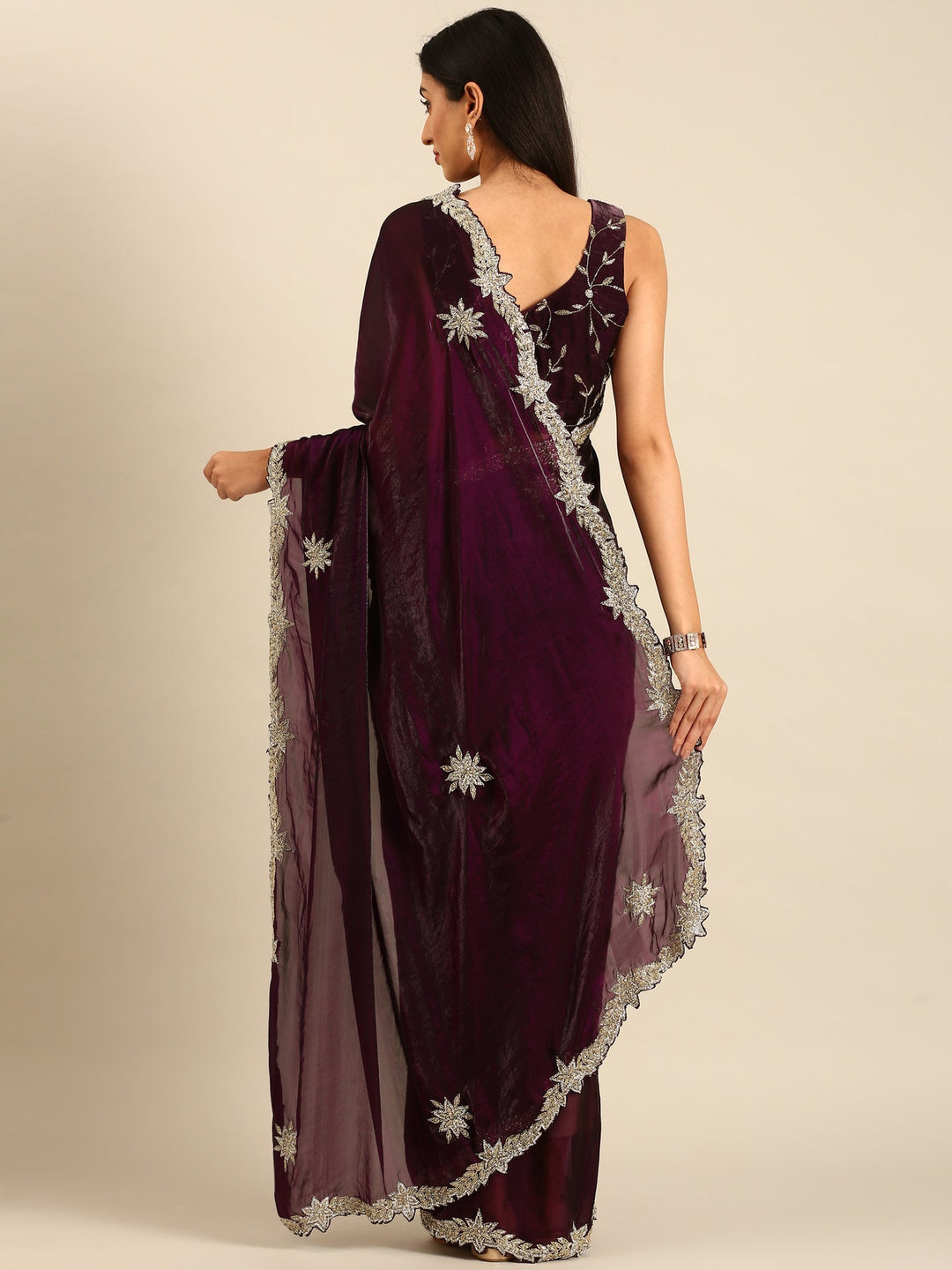 Neerus Maroon tissue embellished saree - back view