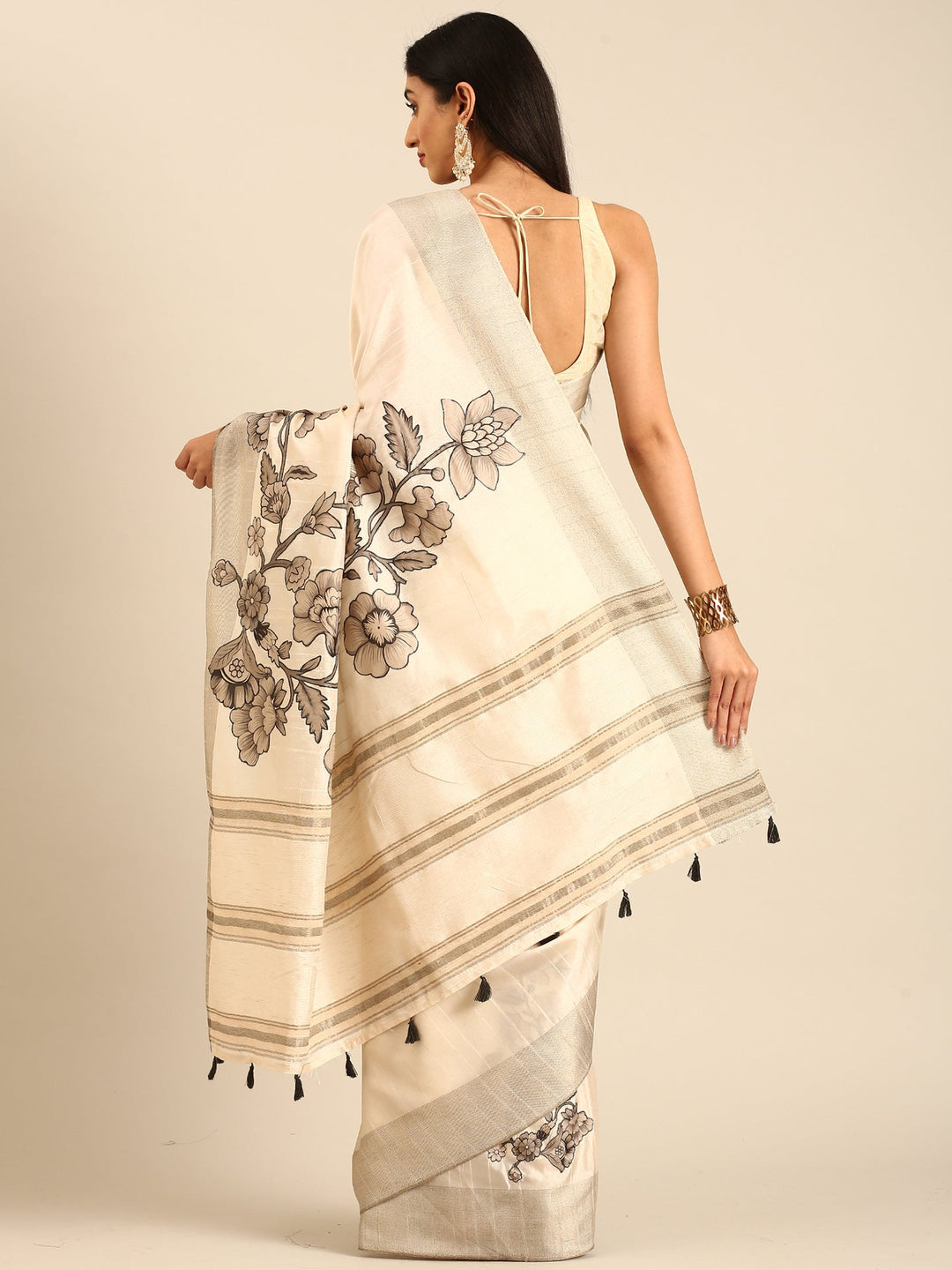 Neerus White raw silk printed saree with floral motif - side view