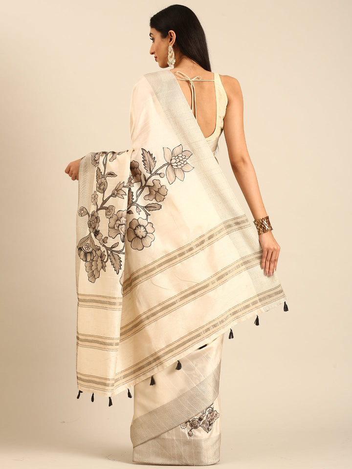 Neerus White raw silk printed saree with floral motif - side view