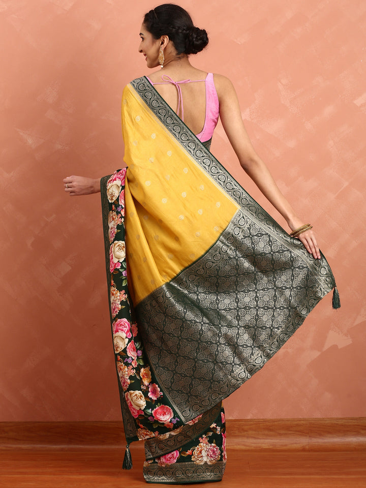 Neerus Yellow Banarasi woven saree with floral print and zari border - side view