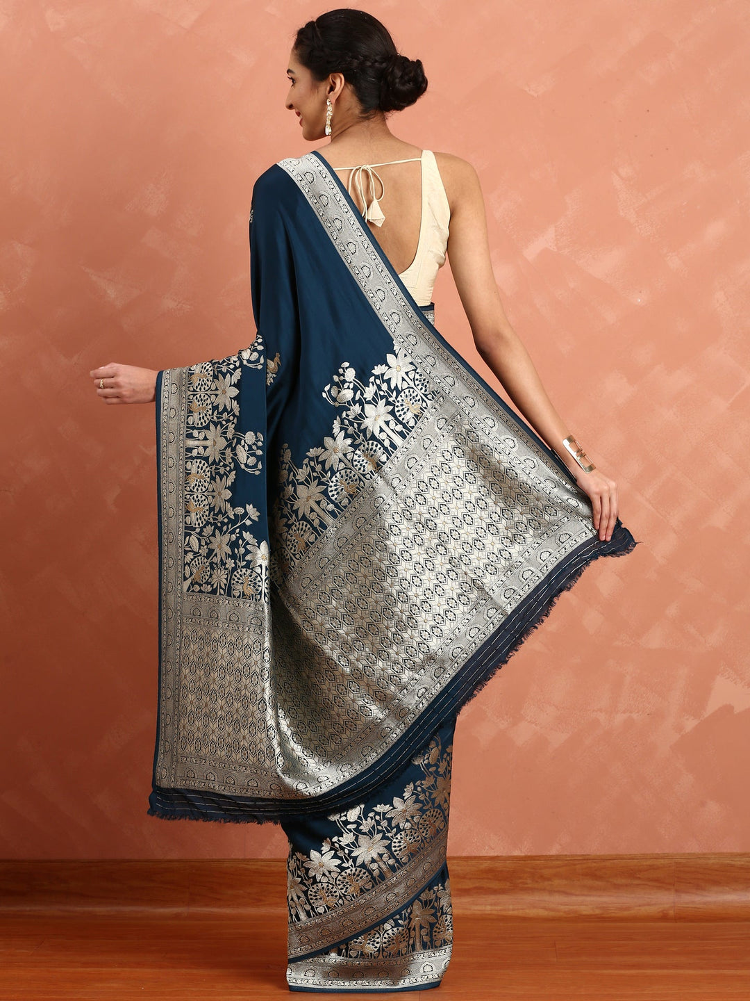 Neerus Blue Banarasi woven saree with peacock motifs - side view