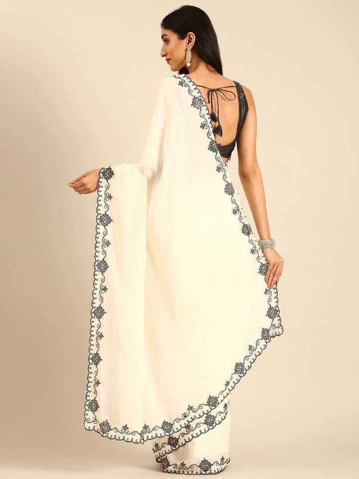 Neerus Beige satin embellished saree with Swarovski border - back view