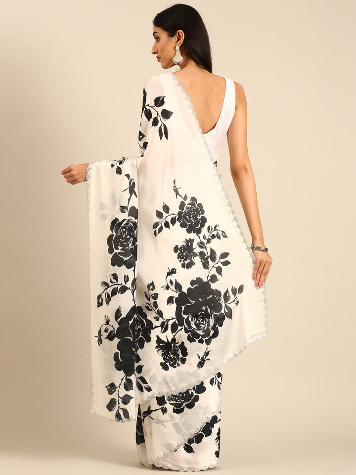 Neerus Black satin embellished saree with floral print - back view