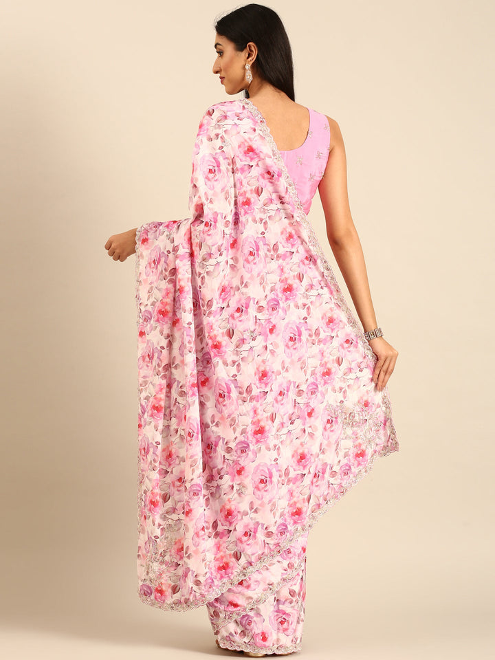 Pink floral printed satin saree with pearls & sequins embroidery with heavy ready made blouse