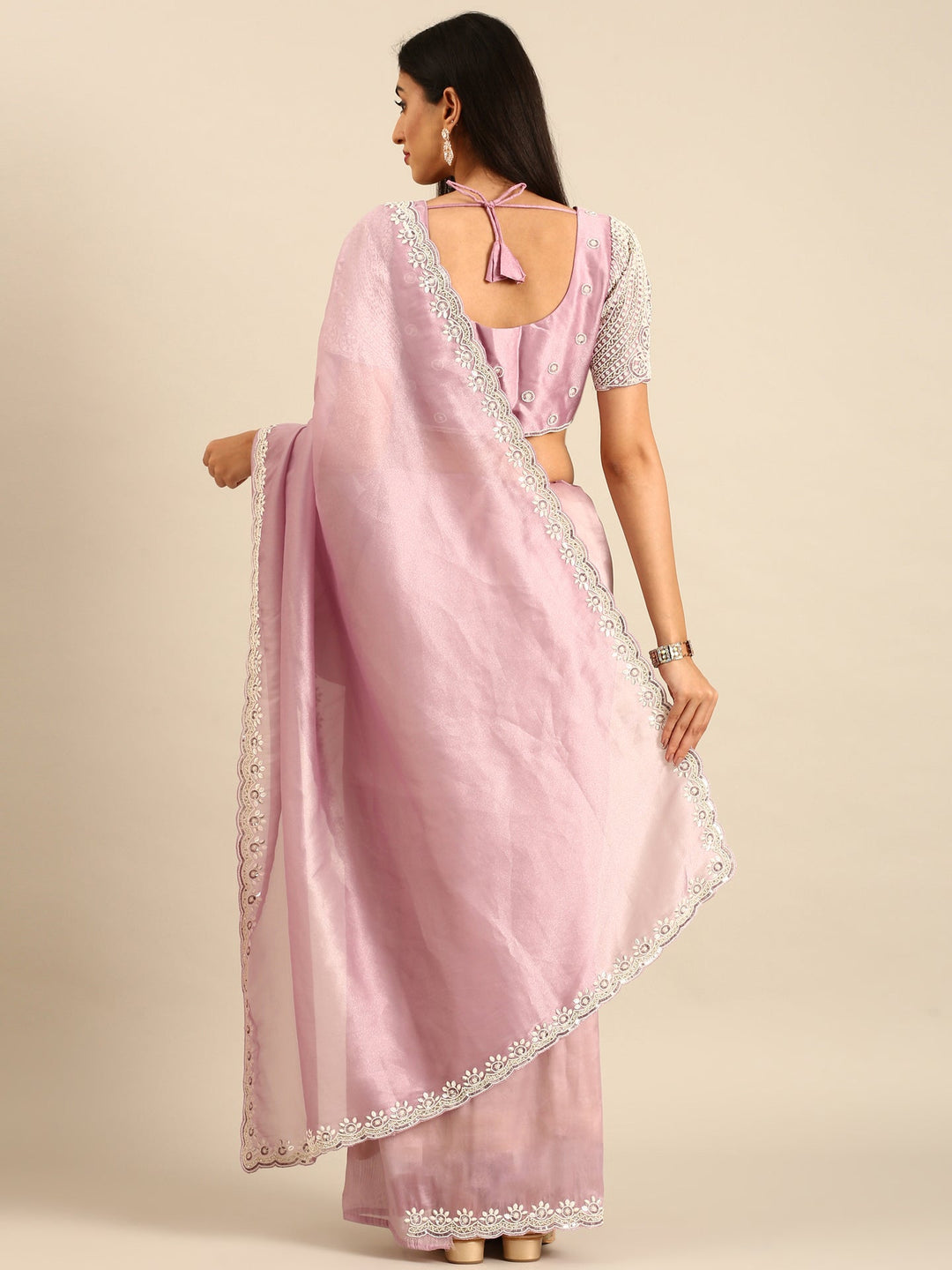 Neerus Purple tissue embellished saree with readymade blouse - back view