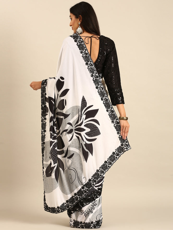 Black & White Satin Printed Saree With Hand Embroidery & Readymade blouse