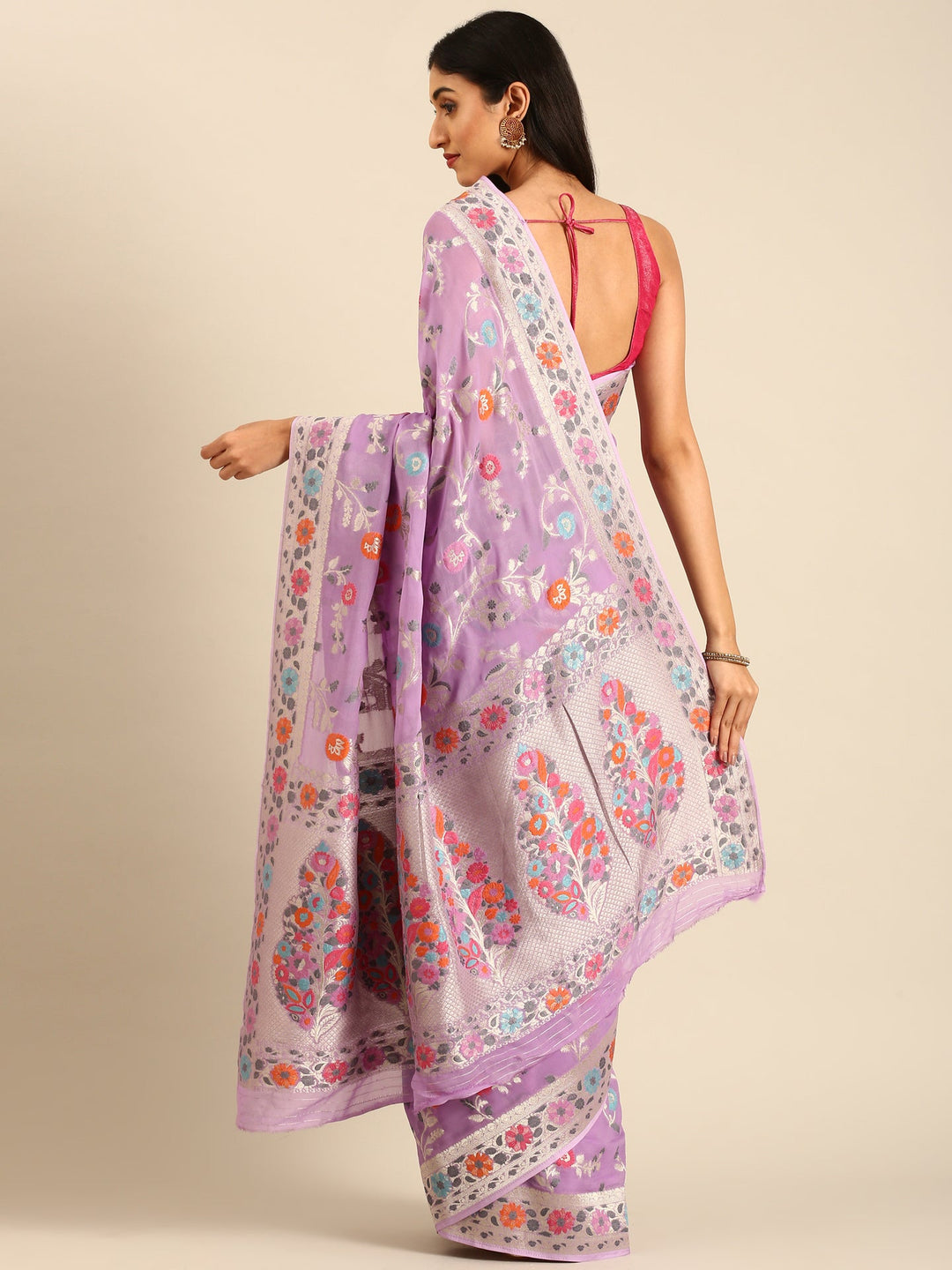 Neerus Purple Banarasi woven saree with meenakari border - back view