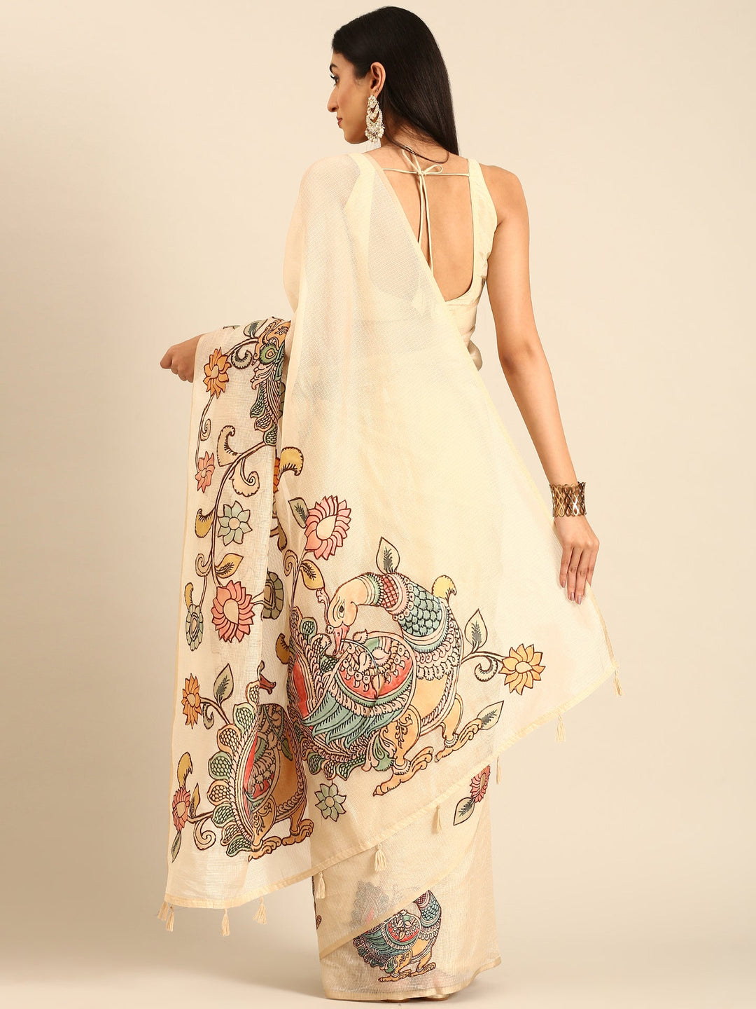 Neerus Beige Kota embellished saree with kalamkari applique pallu - back view