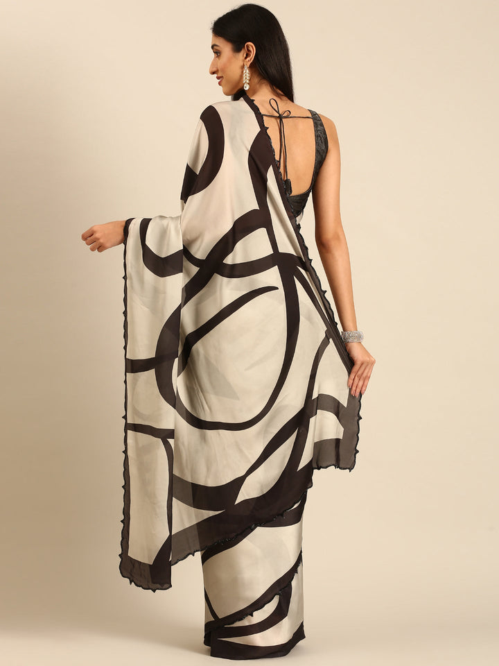 Neerus Black satin embellished saree printed - back view