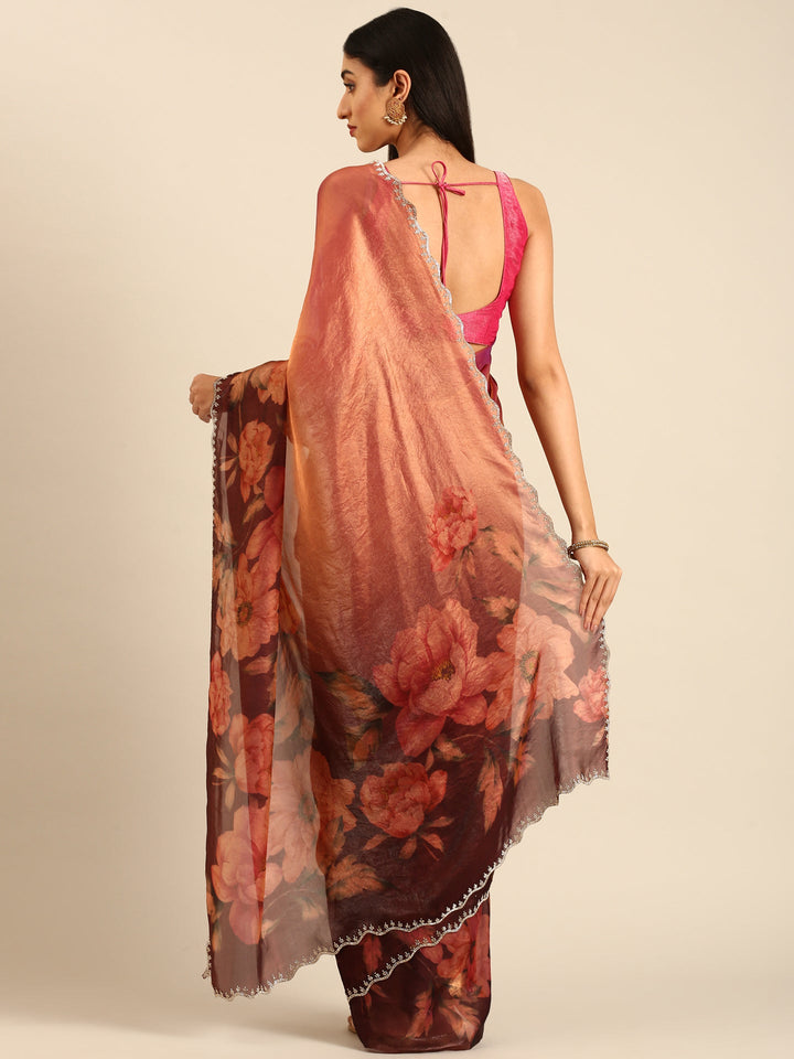 Neerus Gold tissue embellished saree with floral print - back view