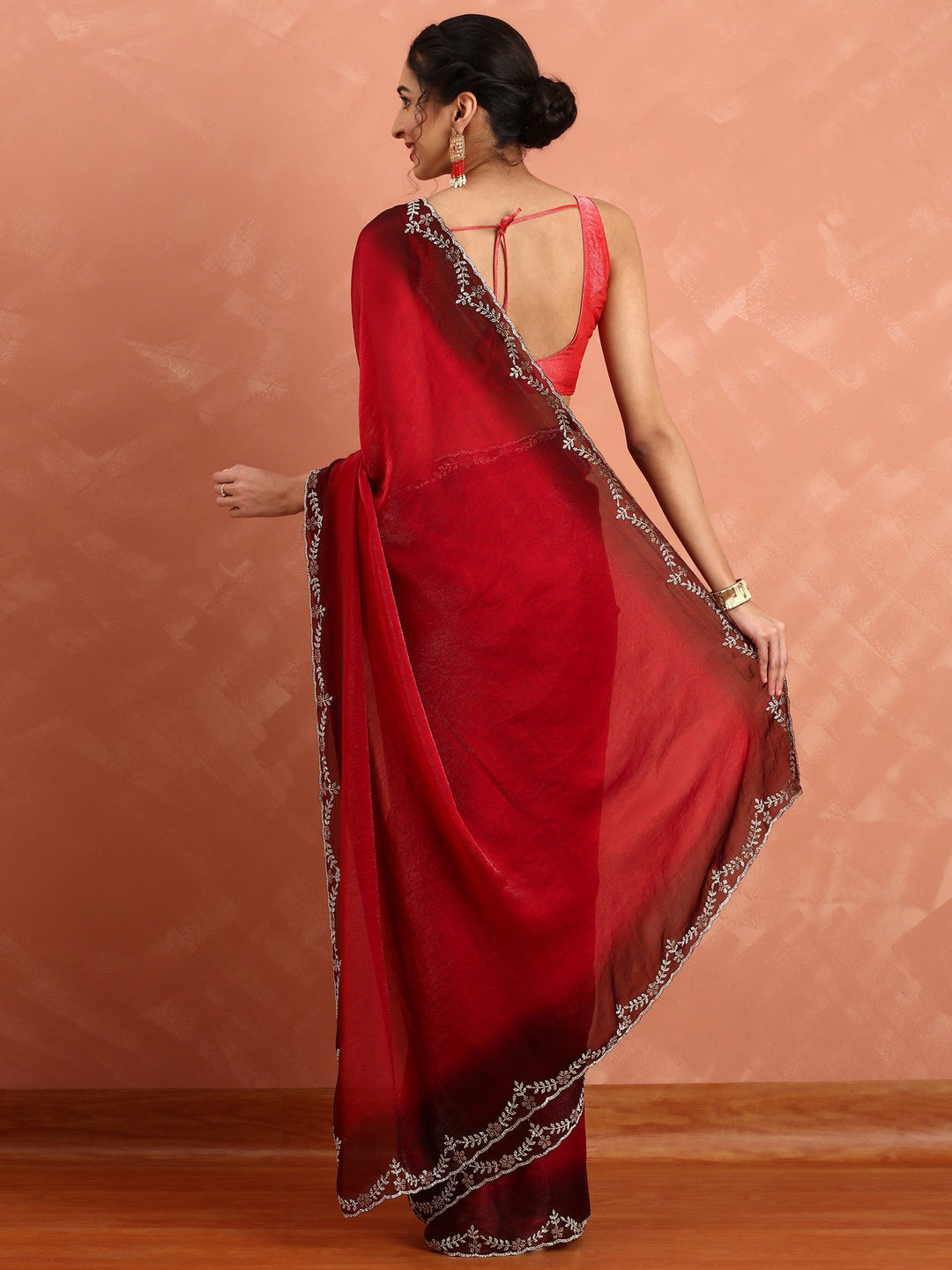Neerus Red tissue hand embroidered saree - side view