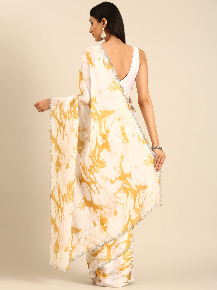 Neerus Yellow satin embellished printed saree - back view