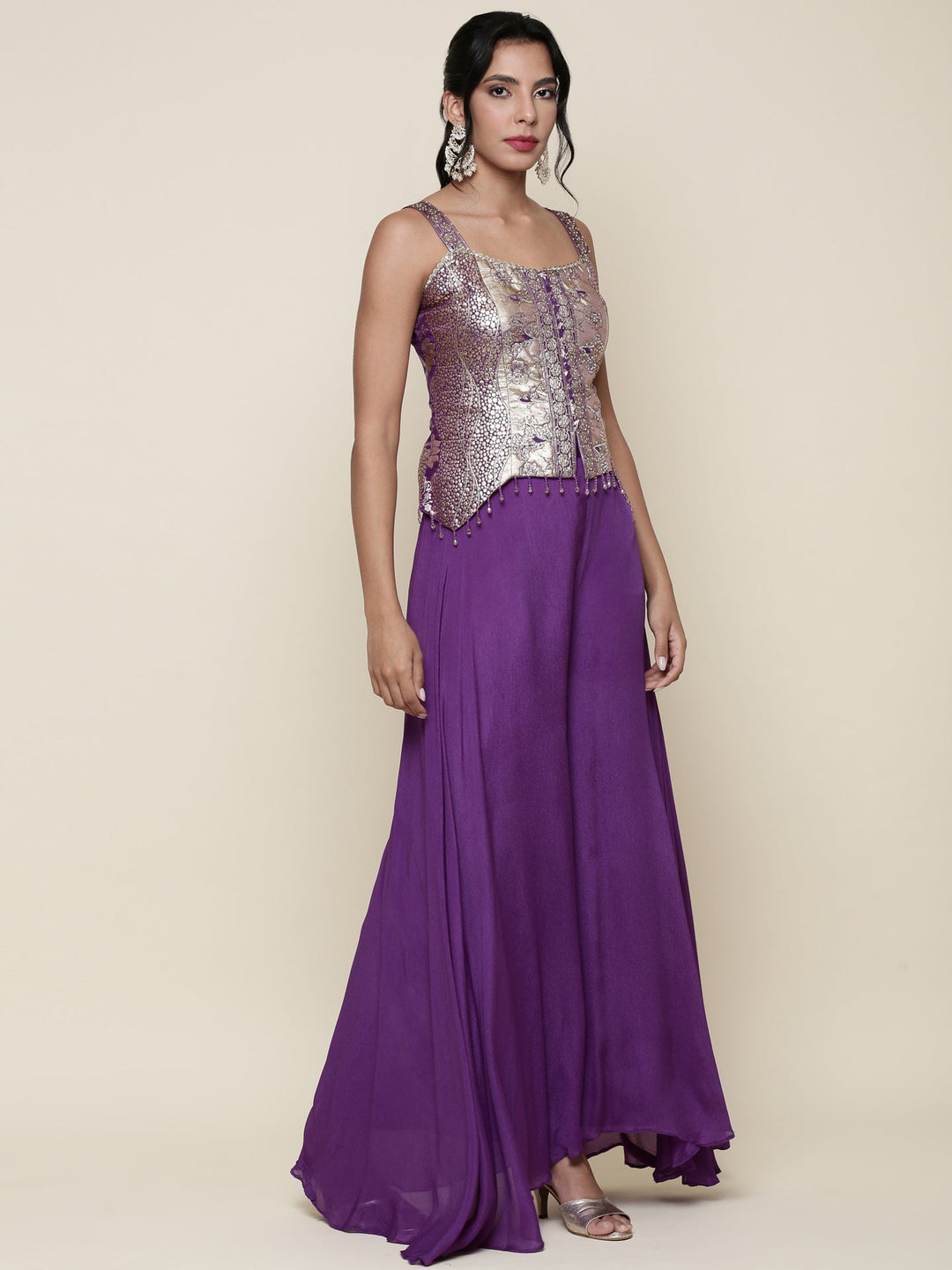 Neerus Purple georgette crop top palazzo co-ord set - back view