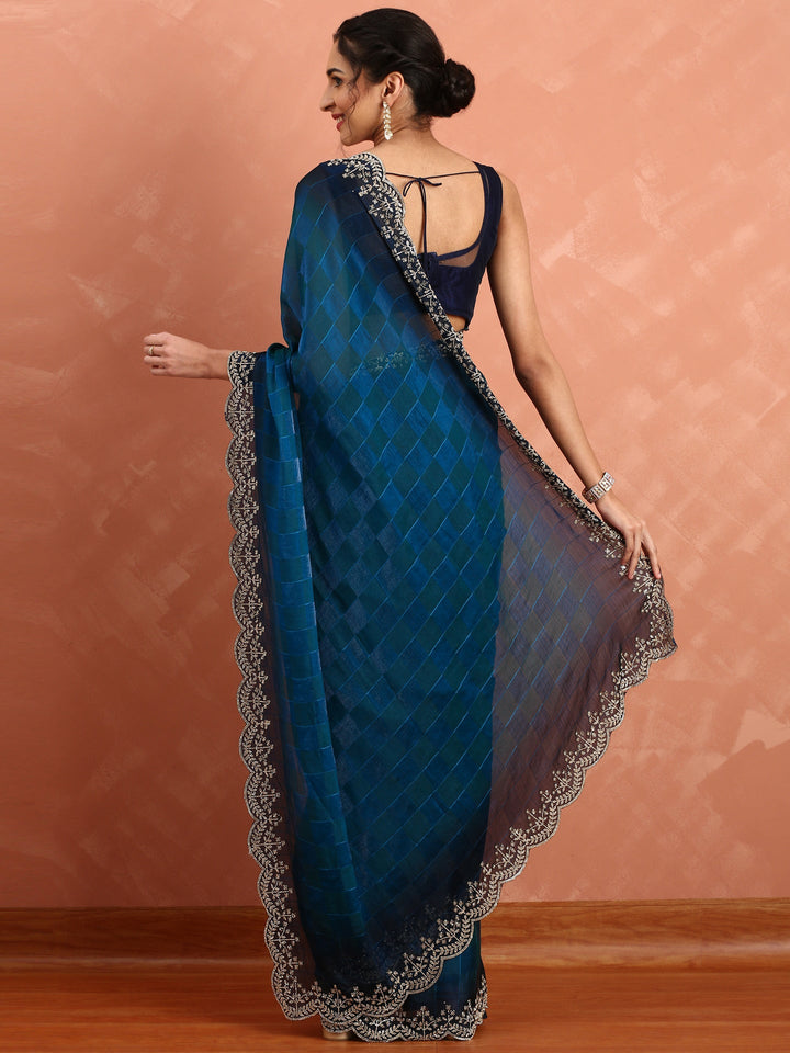 Peacock Jacquard Satin Organza Saree With Hand Embroidery