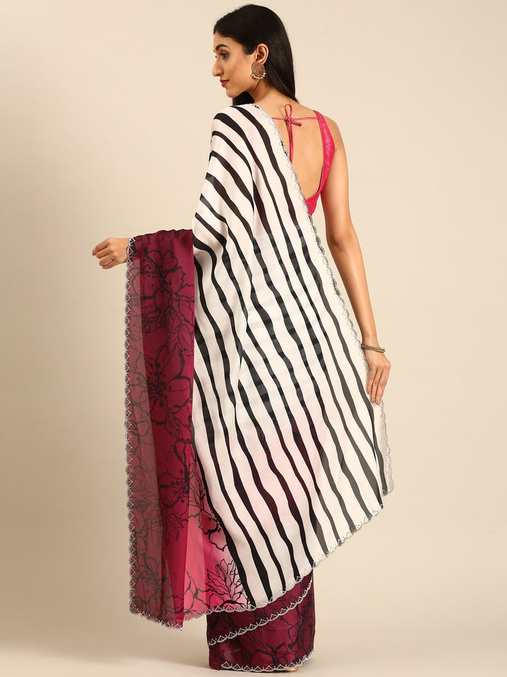 Pink Satin printed saree with Swarovski embroidery