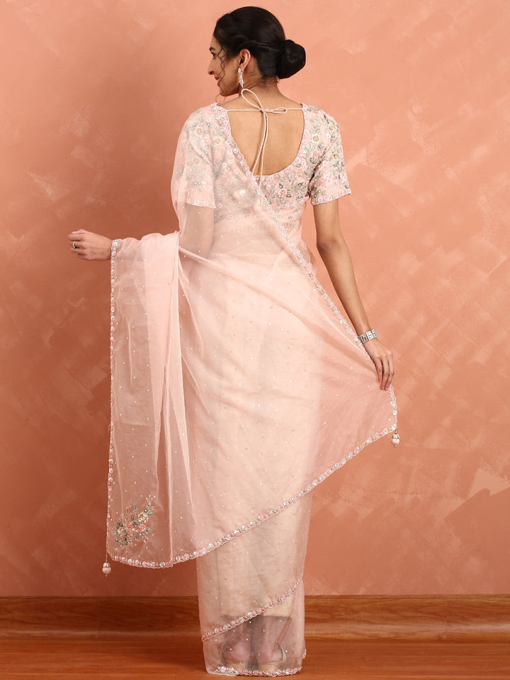 Peach Organza saree Resham & cut Dana heavy embroidery with ready made blouse