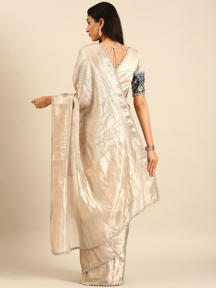 Neerus Grey tissue hand embroidered zari saree - back view