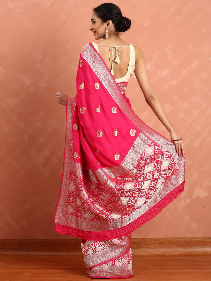 Neerus Pink Banarasi woven saree with silver motifs - side view