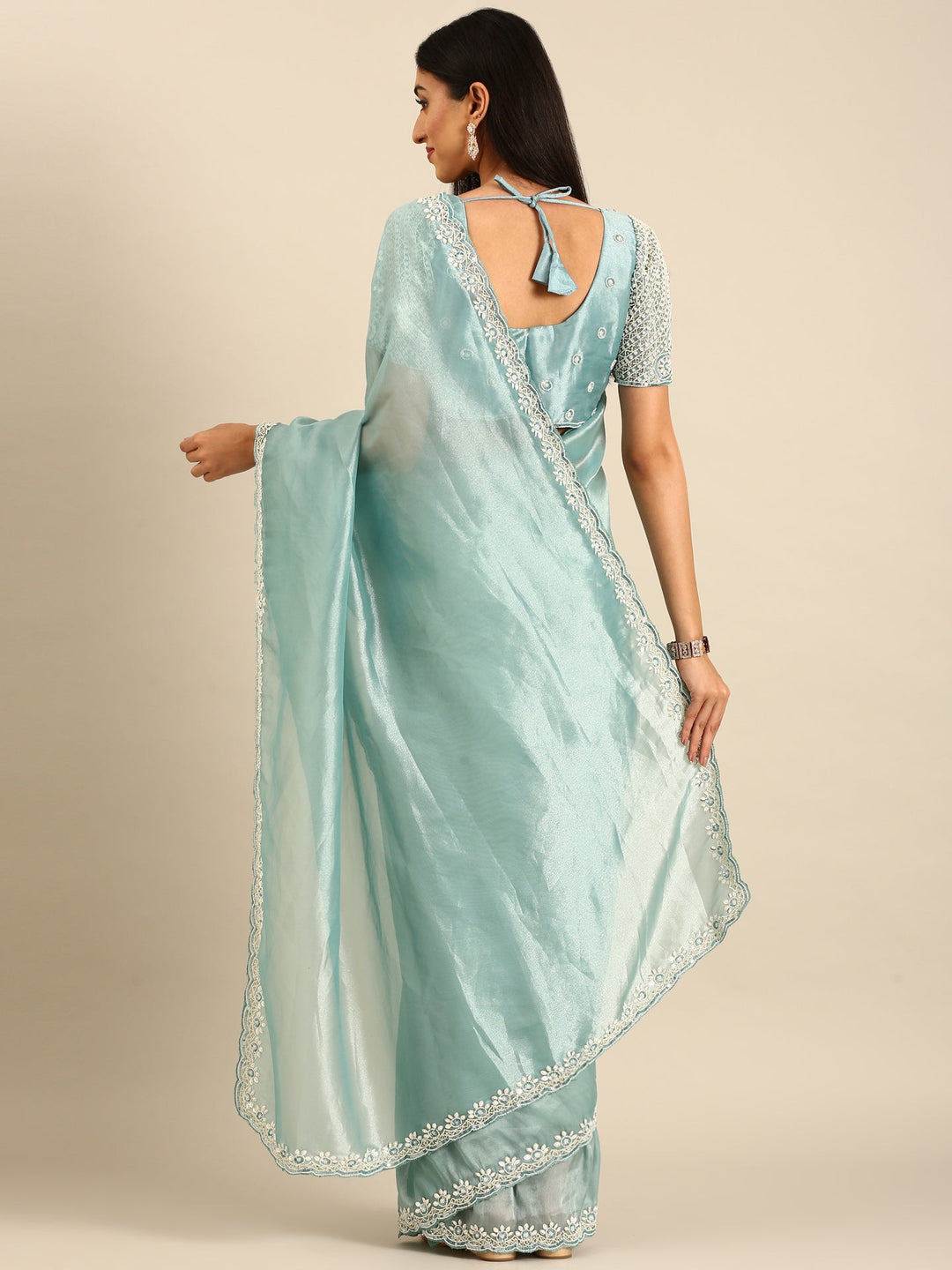 Neerus Blue tissue embellished saree with pearls and beads - back view