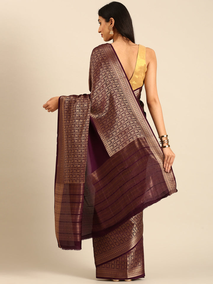 Neerus Maroon crepe woven saree with zari jaal border - back view