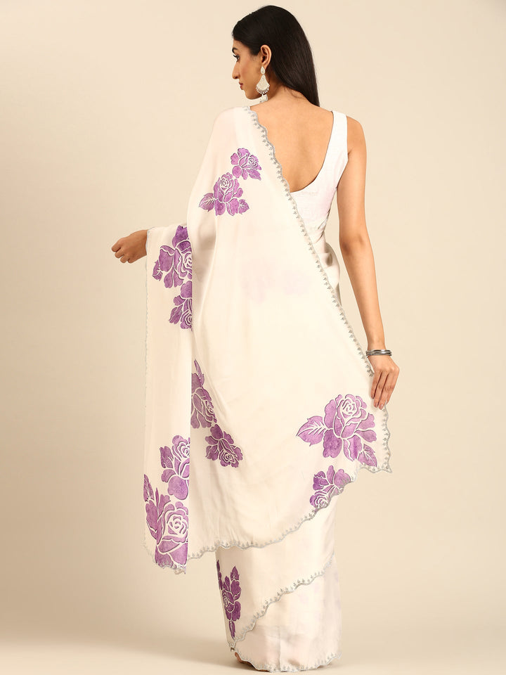 Neerus White satin embellished saree with lavender motifs - back view