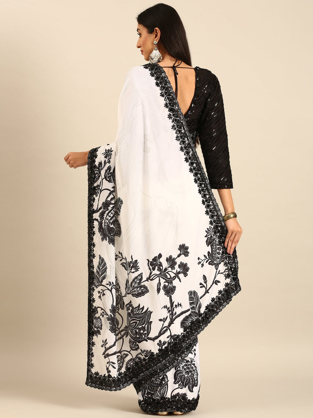 Neerus Black satin hand embroidered printed saree - side view