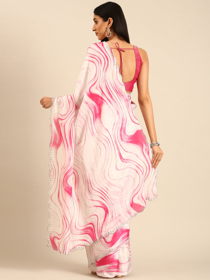 Neerus White satin embellished saree - back view