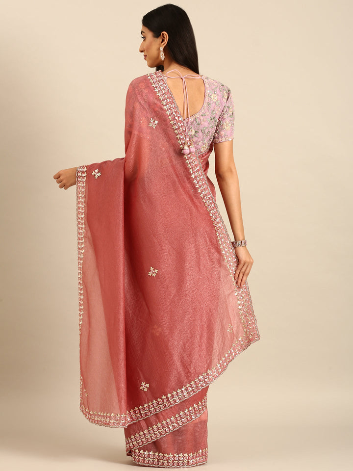 Neerus Pink tissue embellished saree with sequins and pearls - back view