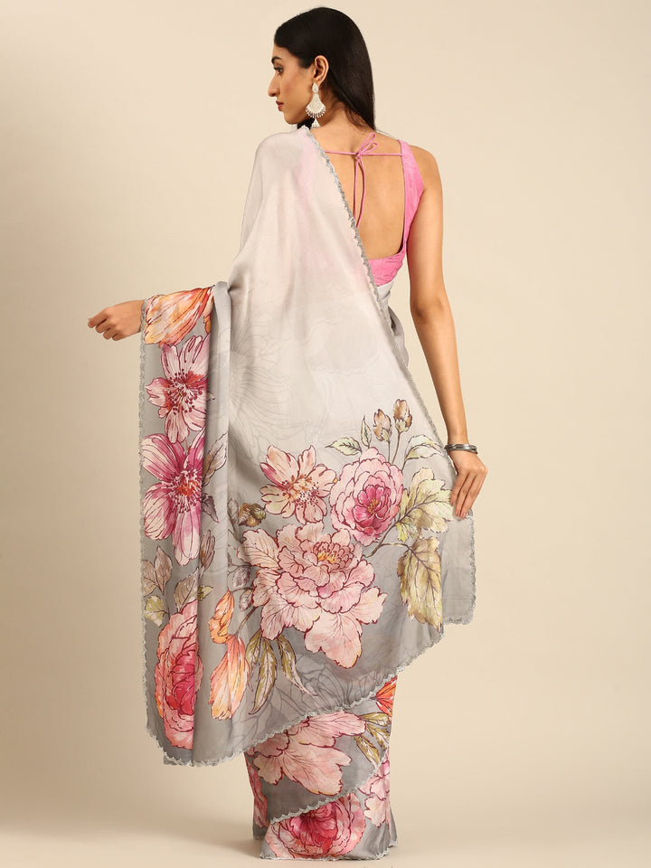 Neerus Satin floral embellished saree - back view