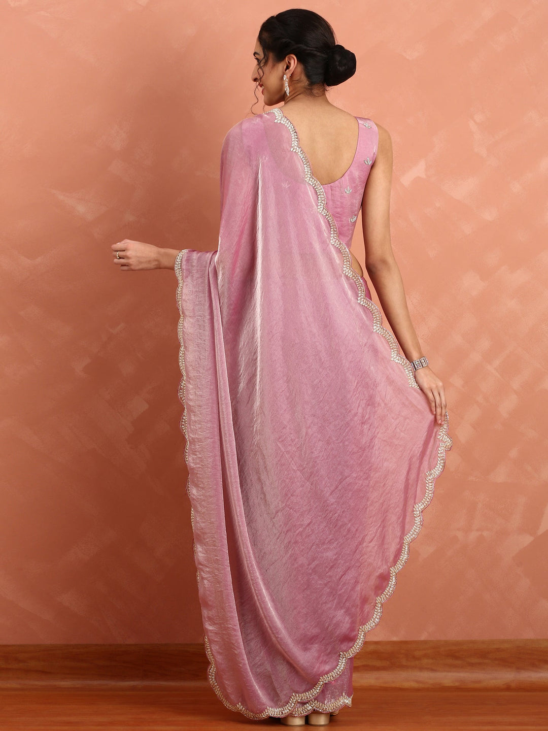 Neerus Pink tissue embellished saree with stones and cut dana embroidery - back view