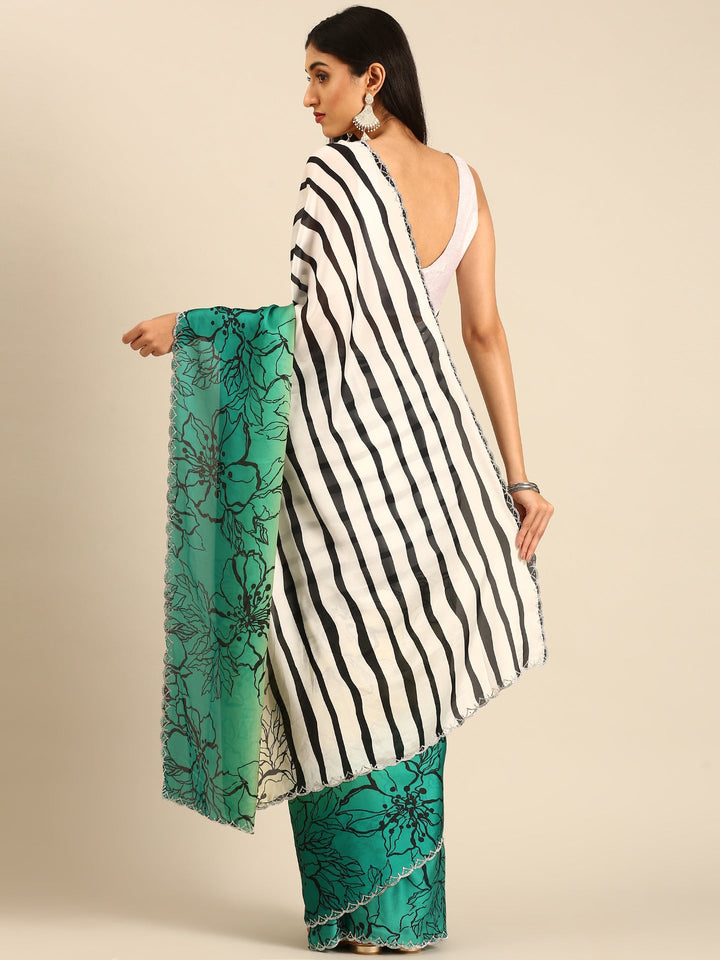Neerus Green satin embellished saree - back view