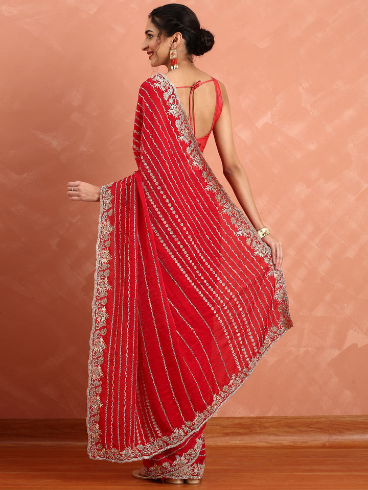 Neerus Red embellished Swarovski Cut Dana saree - side view