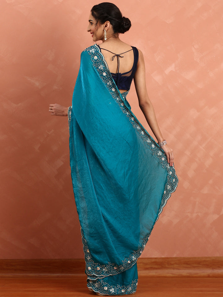 Neerus Green Jacquard Hand Embroidered Saree - back view