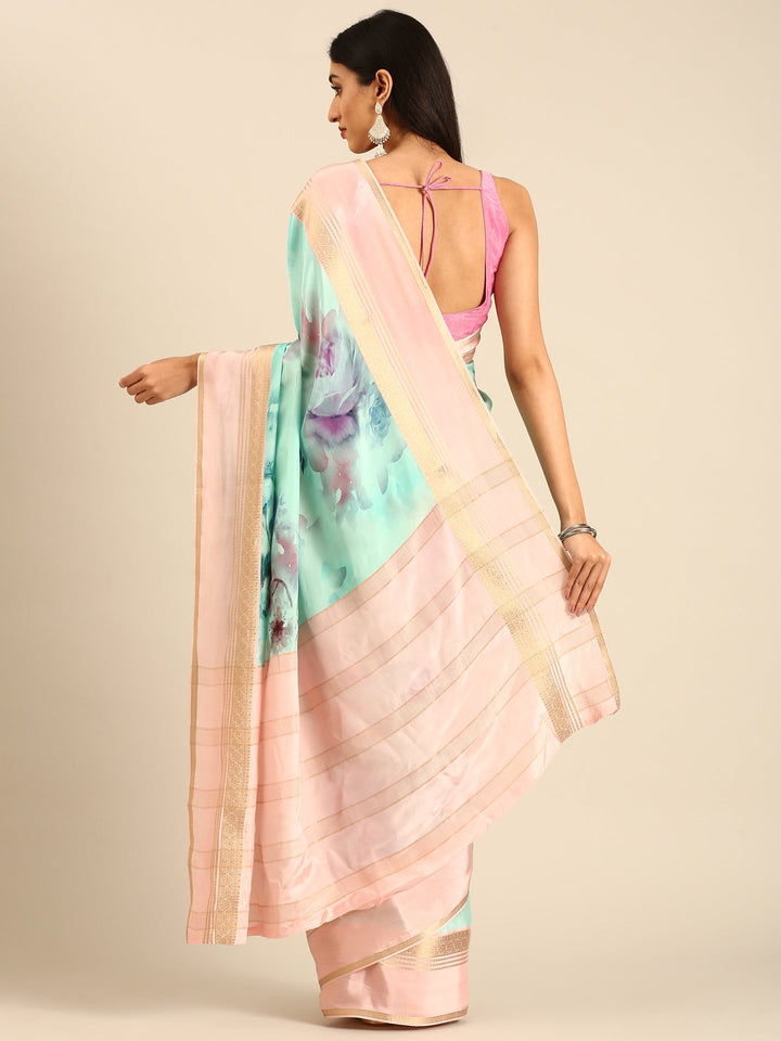 Neerus Blue Crepe Woven Saree with Zari Border - back view