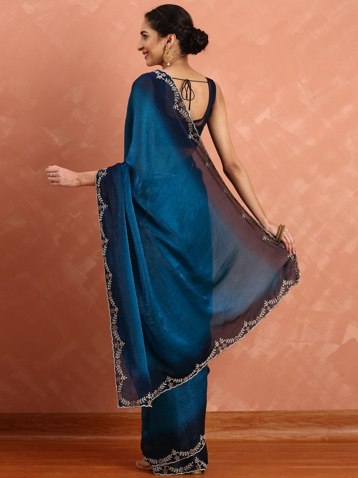 Royal blue jimmy tissue saree with Swarovski embroidery