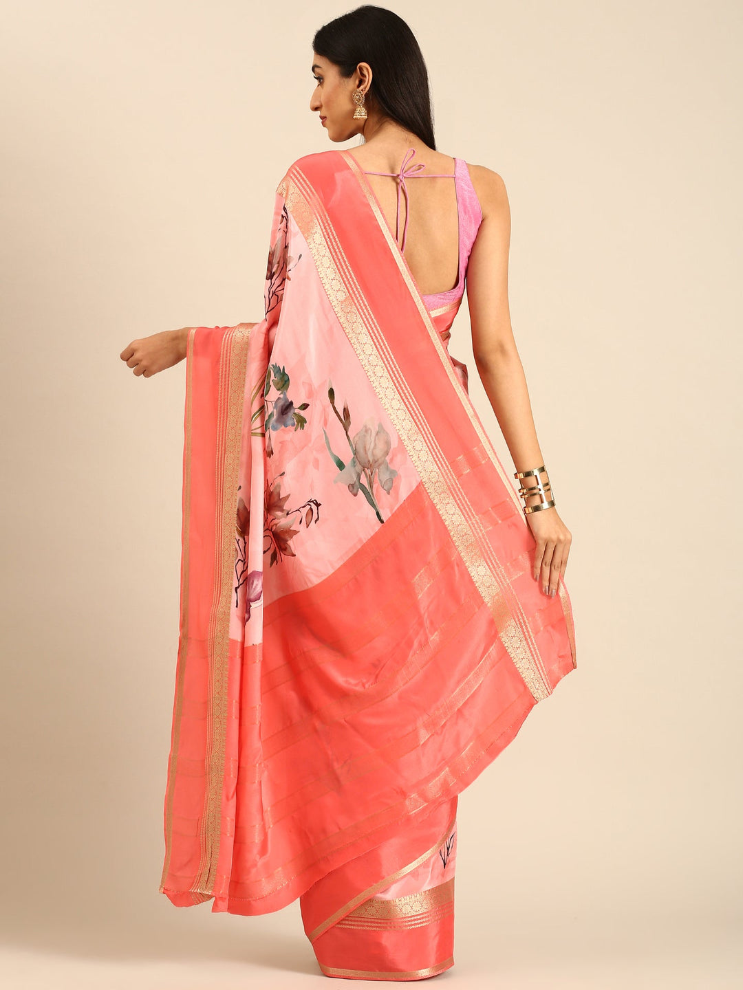 Neerus Pink crepe woven saree with zari border - back view