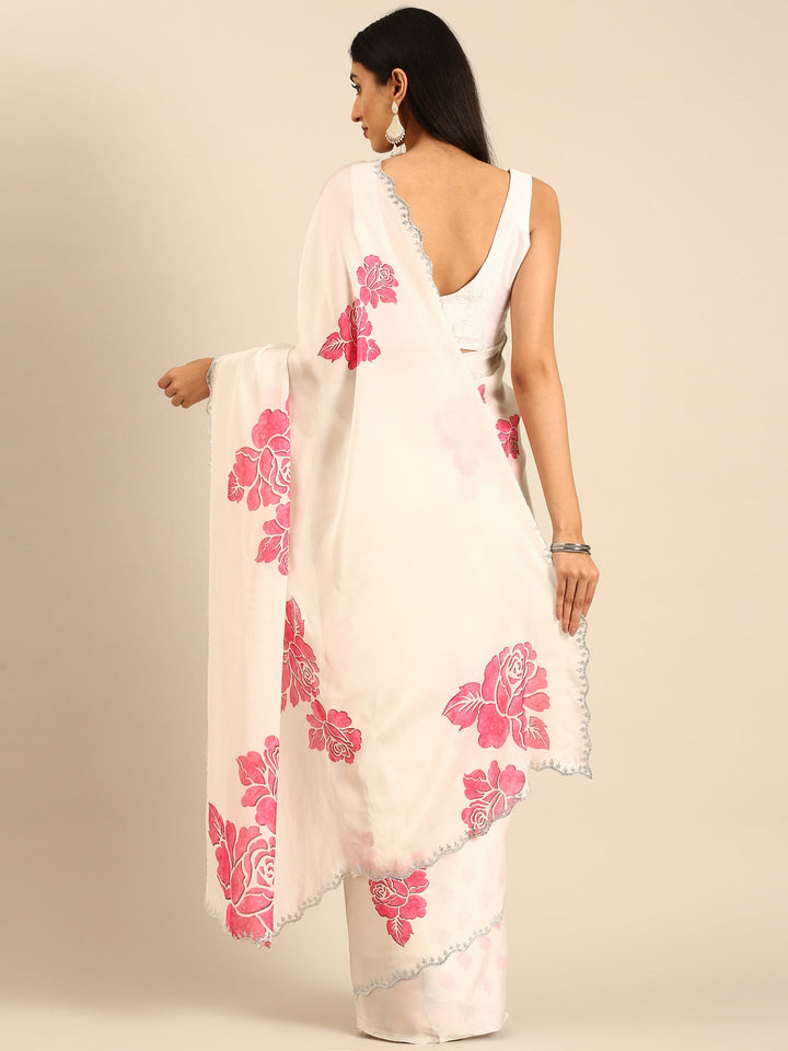 Cream Satin Saree With Pink Printed Motifs With Swarovski Embroidery
