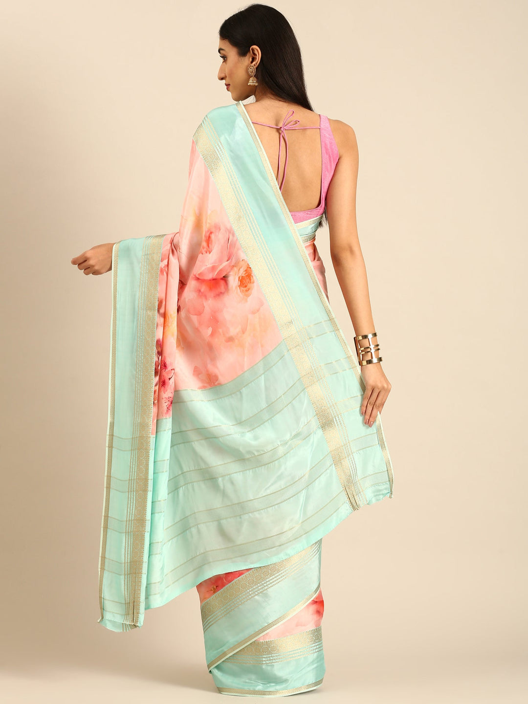 Neerus Pink crepe woven saree with zari border - back view